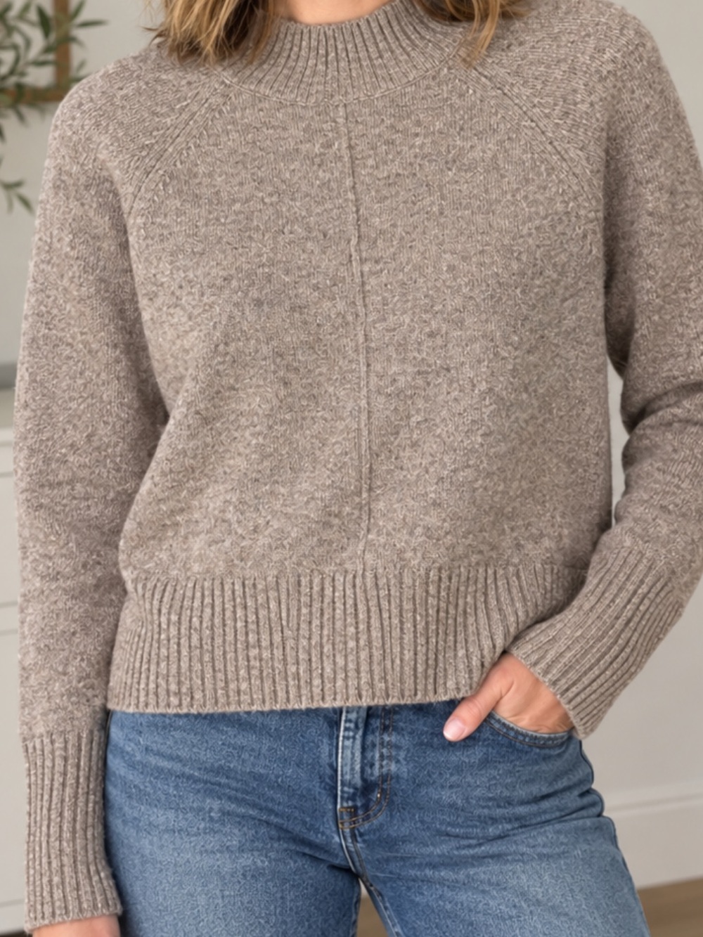 Evereve taupe mock-neck center seam boxy sweater. Size L